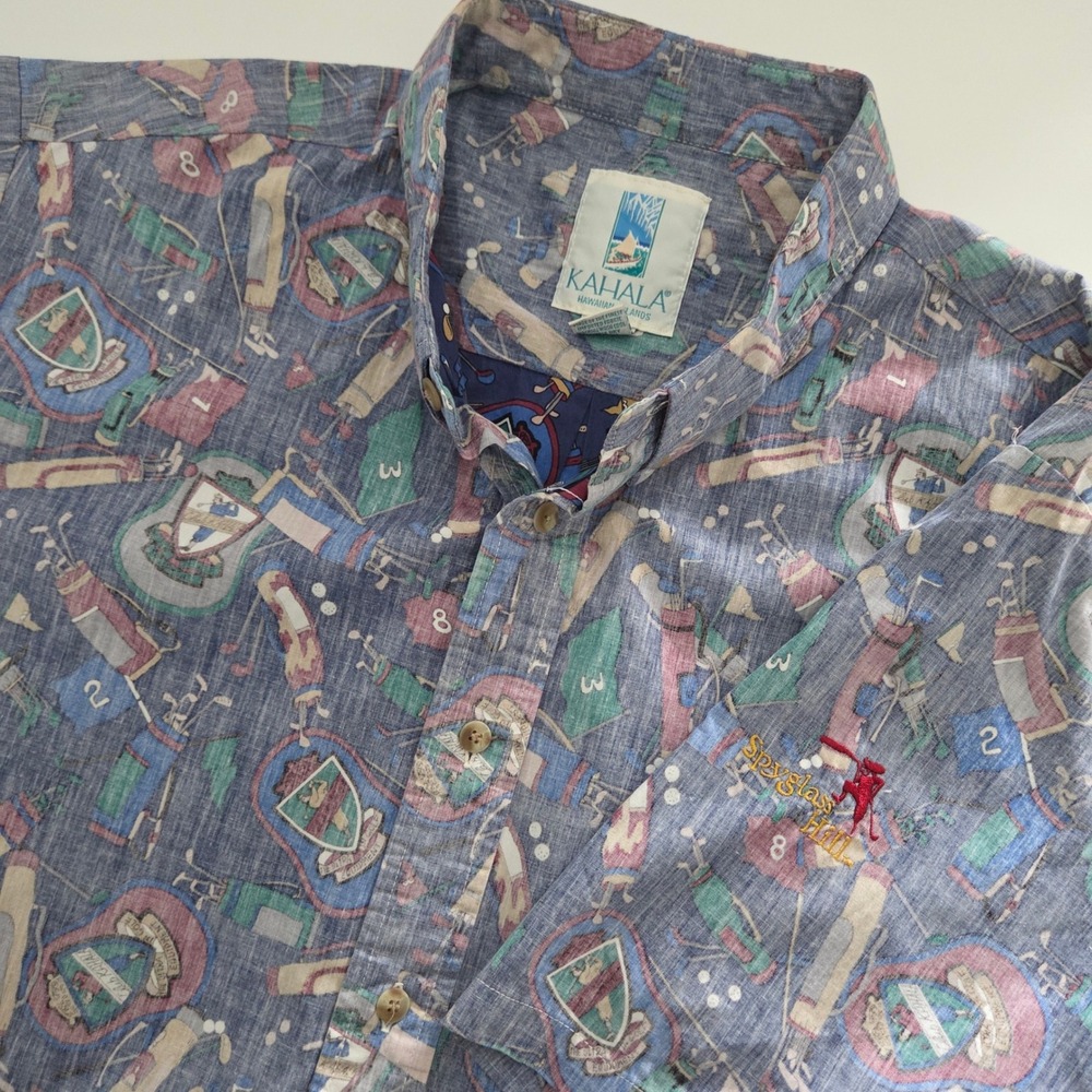 Vintage Kahala Reverse Print Shirt‎ Blue Golf All Over Print Spyglass Hill XXL